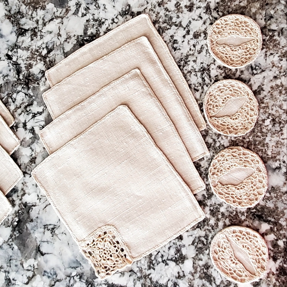 Vintage Irish Linen Crochet Napkin+Coaster Set, 8 Of Each, Tan Never Used